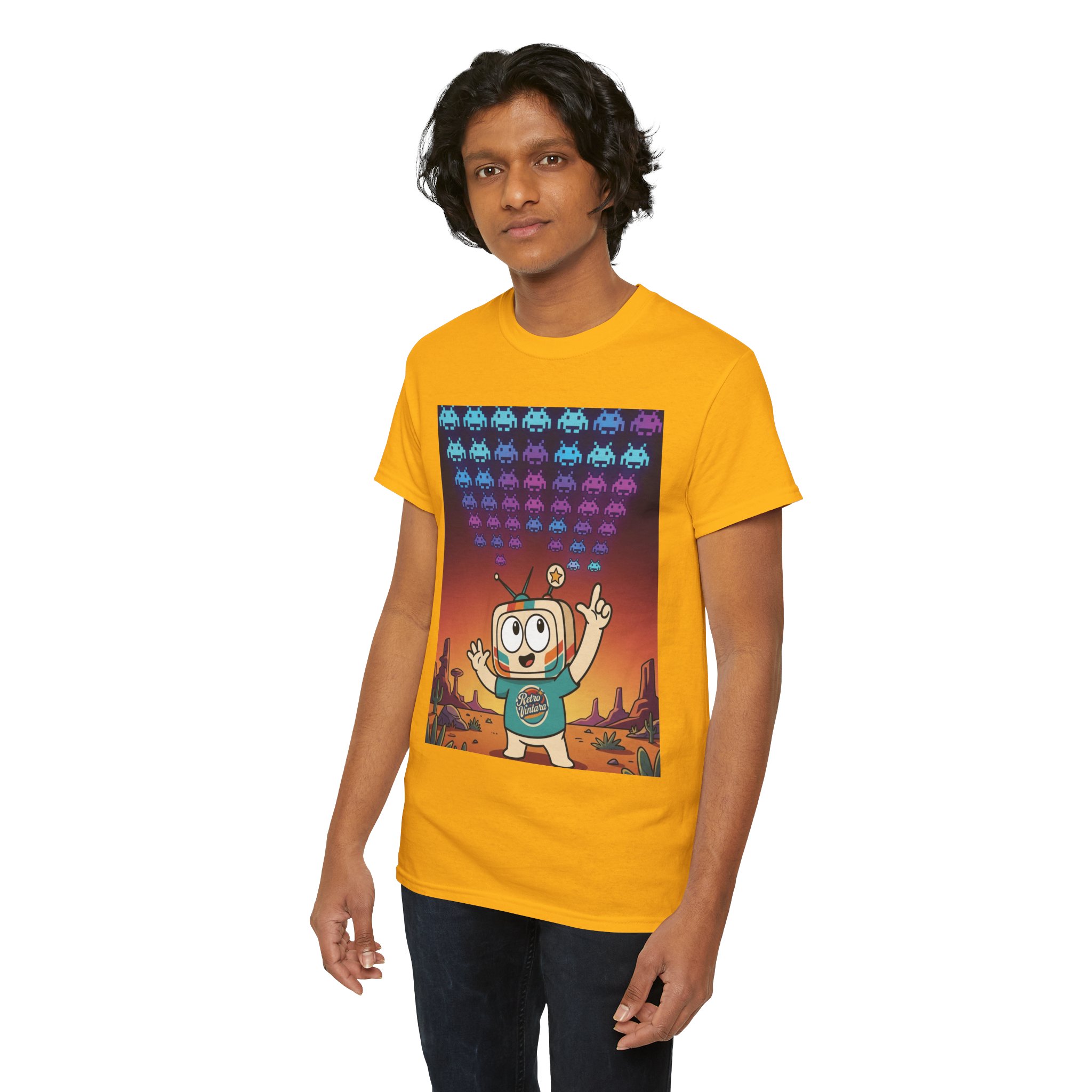 Title: Retro Gaming T-Shirt — Space Is Invading — Vinty the Time Traveller — Space Invaders Nostalgia Tee